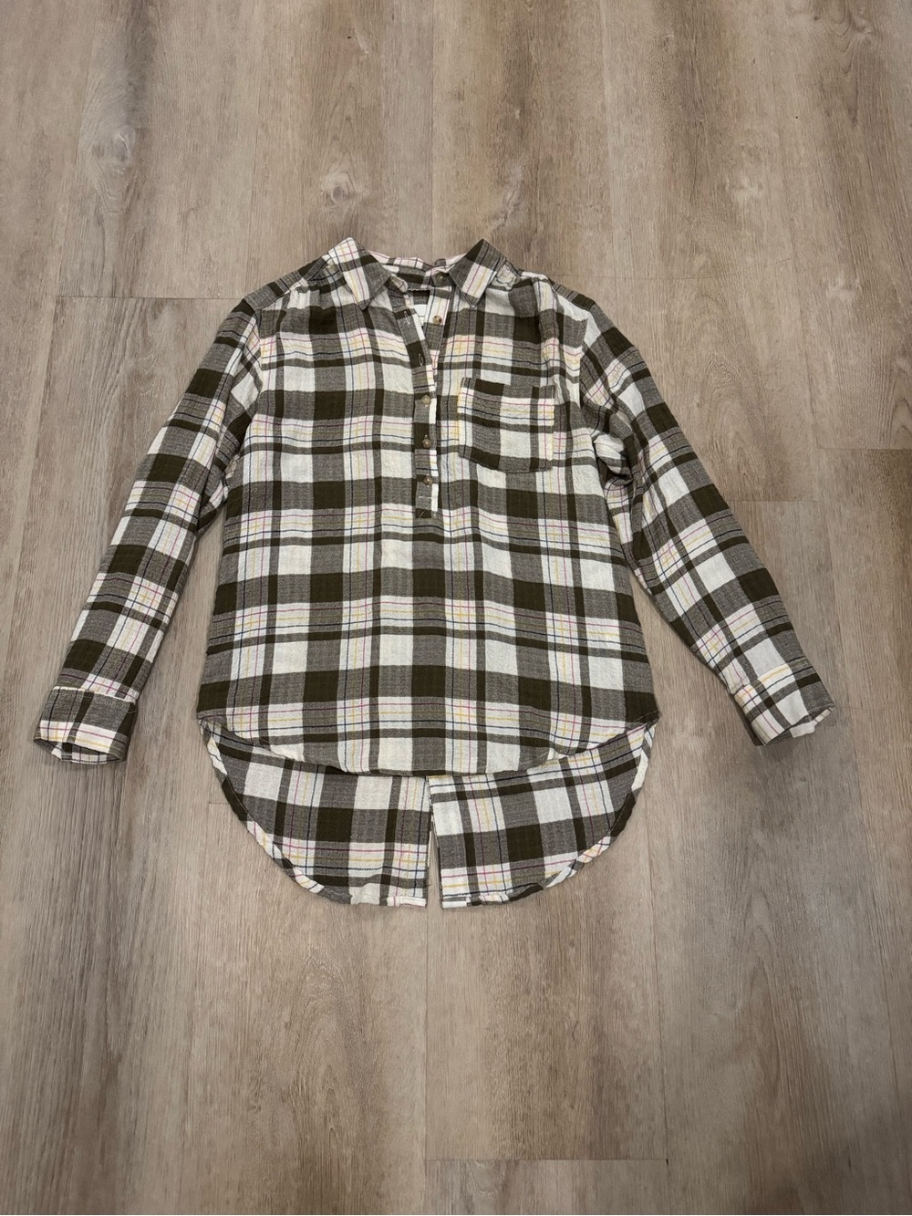 Anthropologie Isadora button-back plaid tunic popover shirt